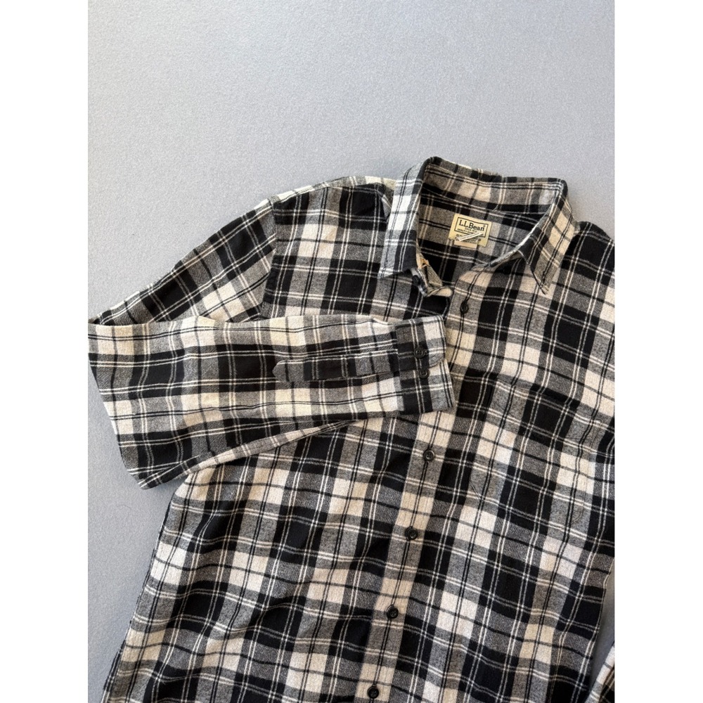 LL Bean Mens Flannel Shirt Black White Plaid Slightly Fitted M-Tall 298168